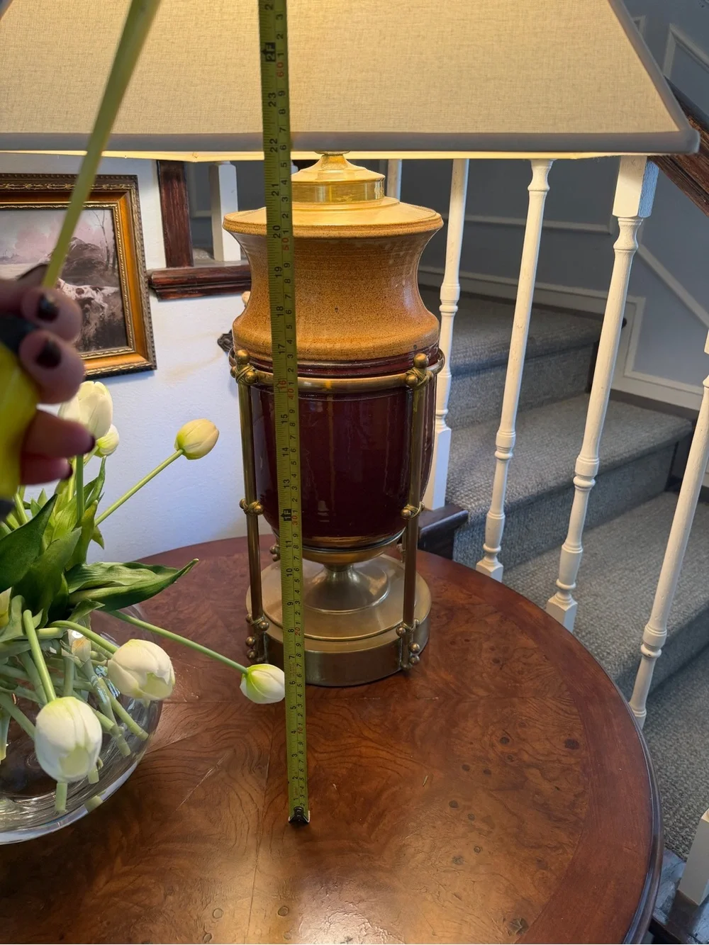 Vintage Mid Century Ceramic Brass Accent Table Lamp in Red and Tan by - Picture 7 of 12
